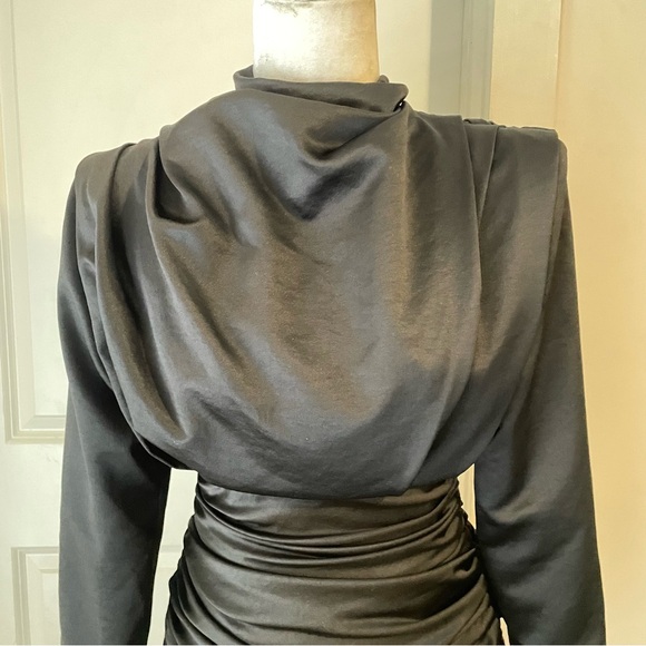 House of CB Giorgiana Ruched High Neck Black Satin Dress SZ S New without tags - Picture 8 of 11